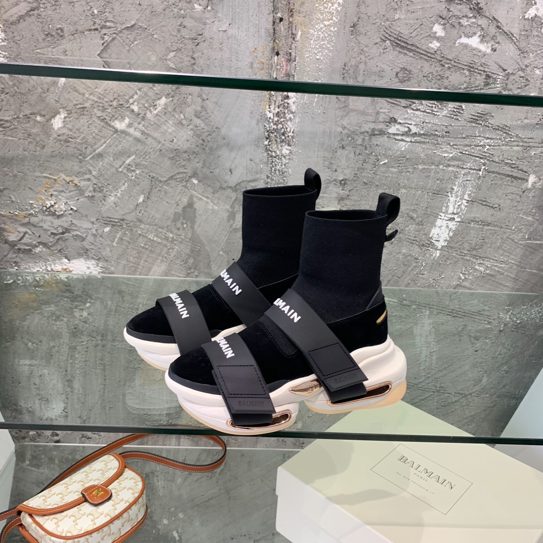 Balmain High-Top Suede And Knit Bold Sneakers  - FashionPlug