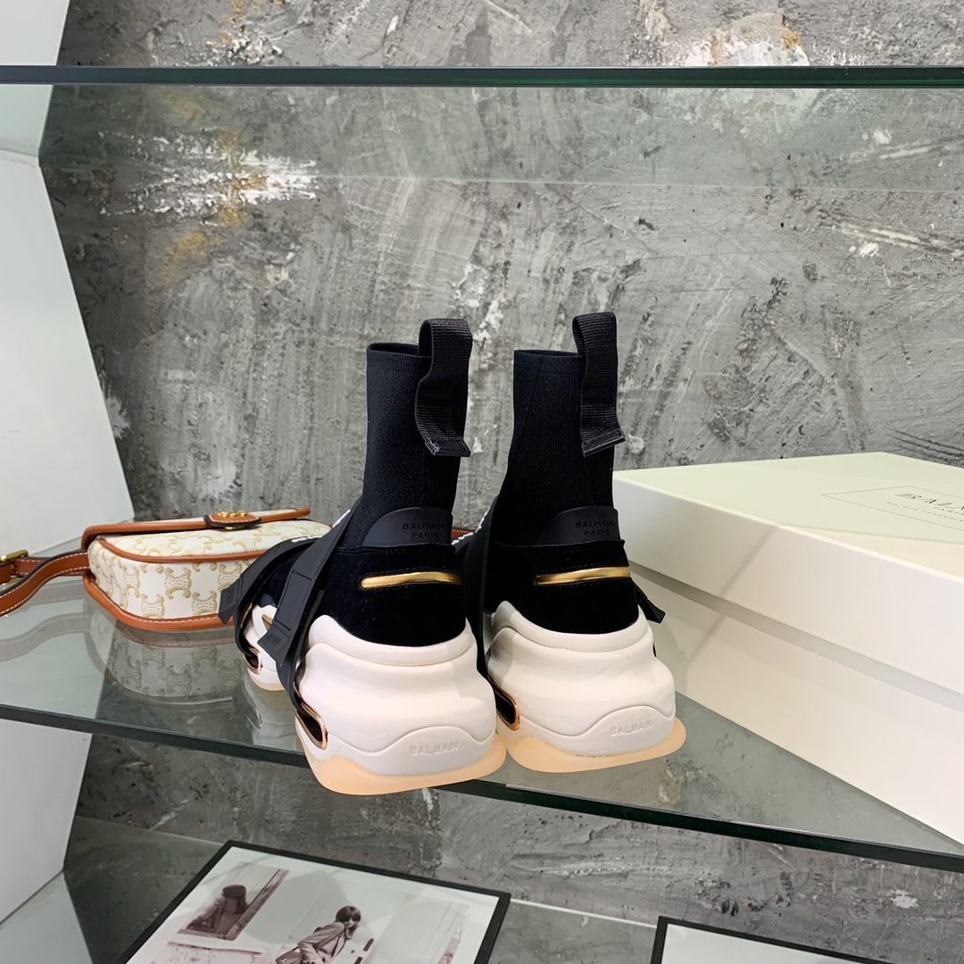 Balmain High-Top Suede And Knit Bold Sneakers  - FashionPlug