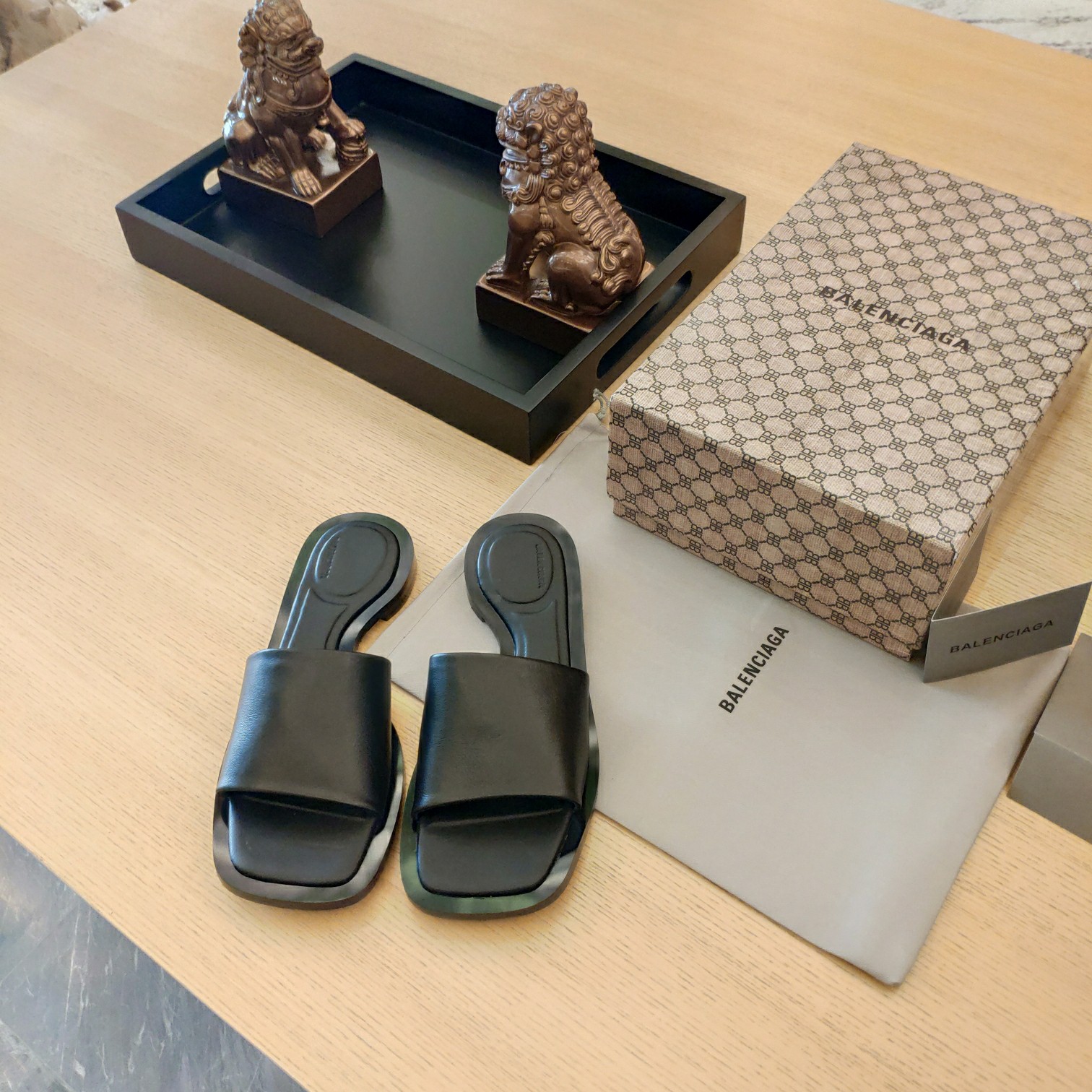 Balenciaga Logo Leather Slide Sandal - FashionPlug