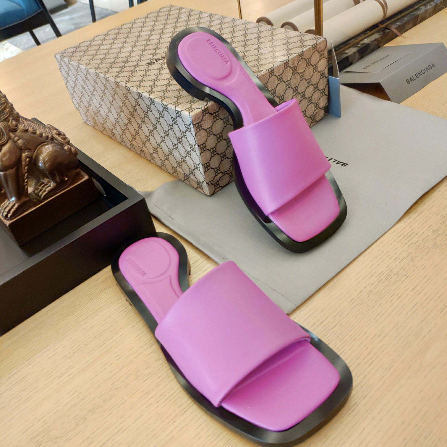 Balenciaga Logo Leather Slide Sandal - FashionPlug
