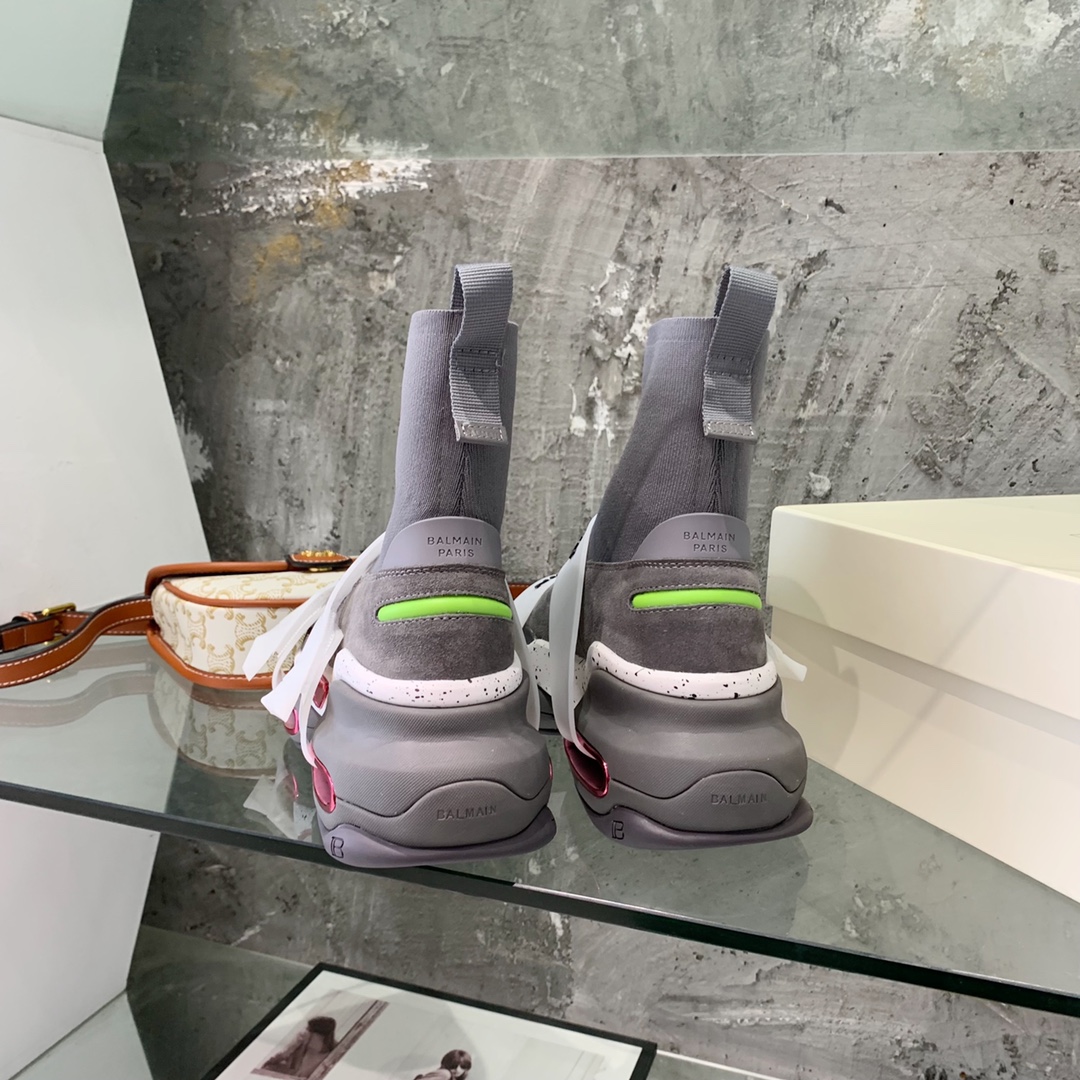 Balmain High-Top Suede And Knit Bold Sneakers  - FashionPlug