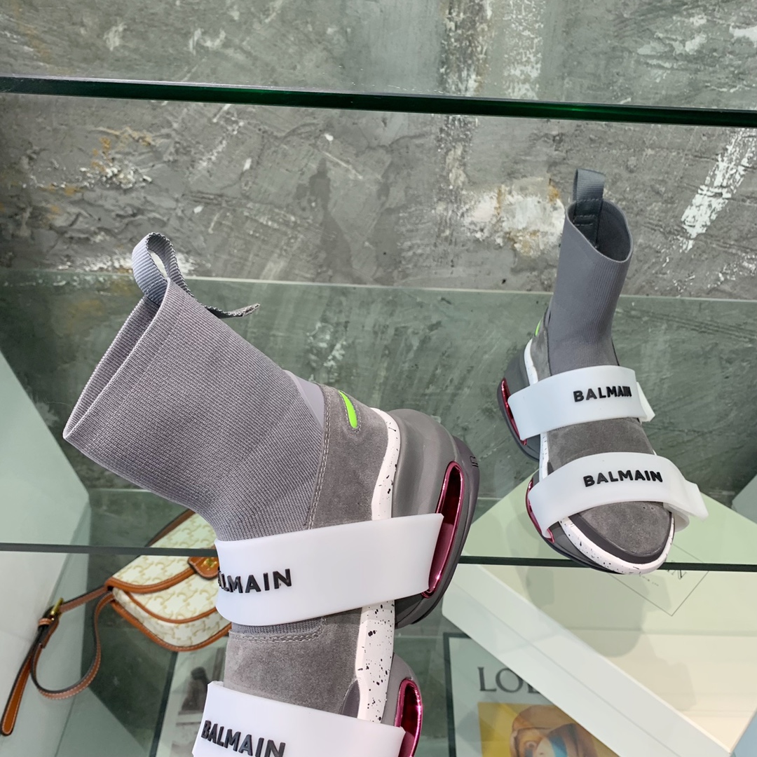Balmain High-Top Suede And Knit Bold Sneakers  - FashionPlug