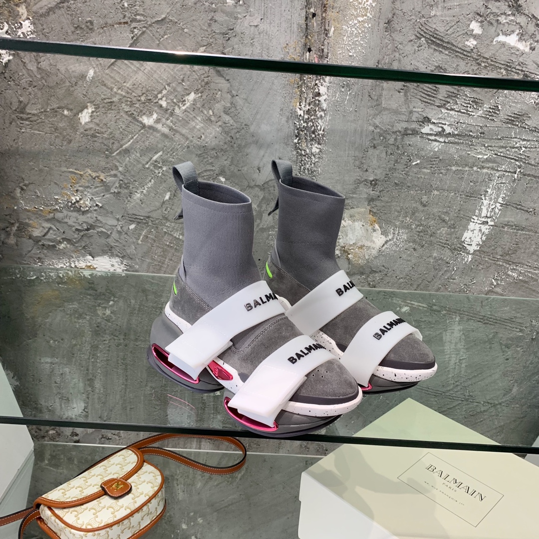 Balmain High-Top Suede And Knit Bold Sneakers  - FashionPlug