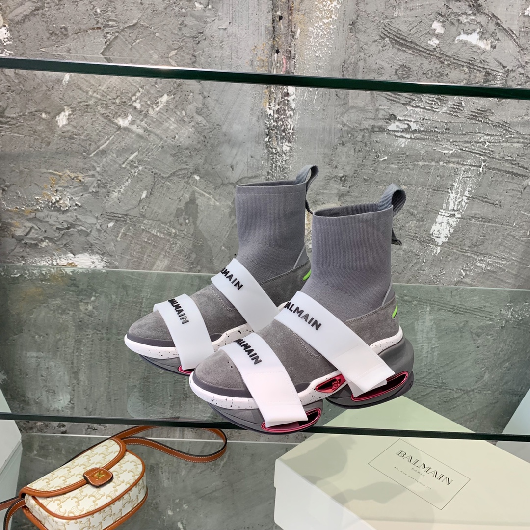 Balmain High-Top Suede And Knit Bold Sneakers  - FashionPlug
