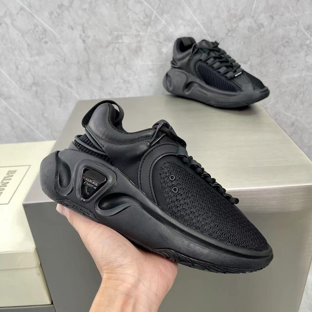 Balmain Bicolor Gummy Leather And Mesh B-Runner Sneakers - FashionPlug