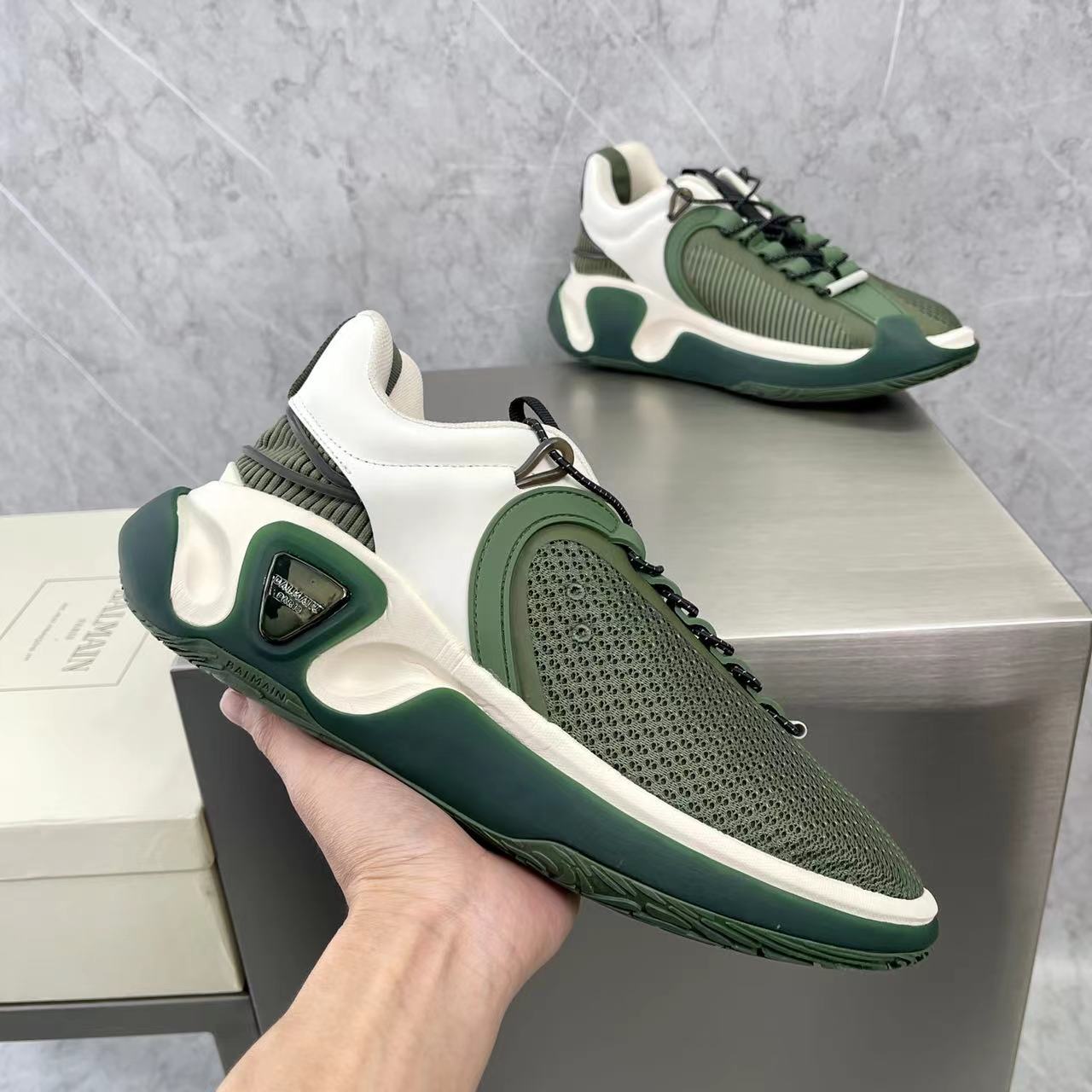 Balmain Bicolor Gummy Leather And Mesh B-Runner Sneakers - FashionPlug