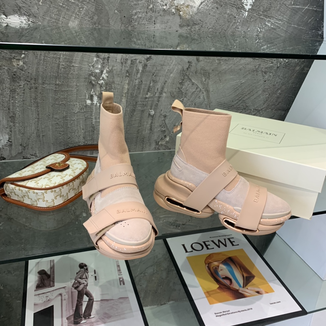 Balmain High-Top Suede And Knit Bold Sneakers  - FashionPlug