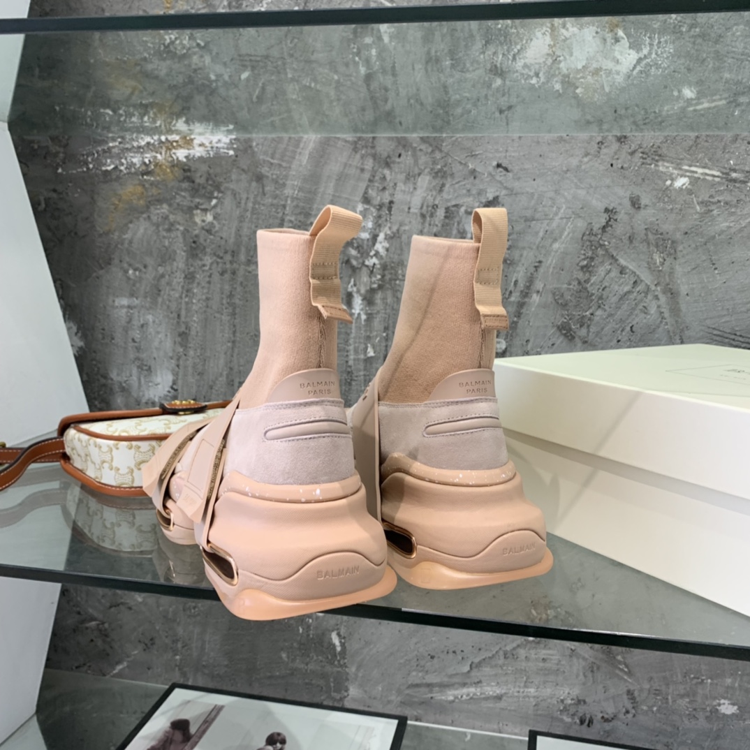 Balmain High-Top Suede And Knit Bold Sneakers  - FashionPlug