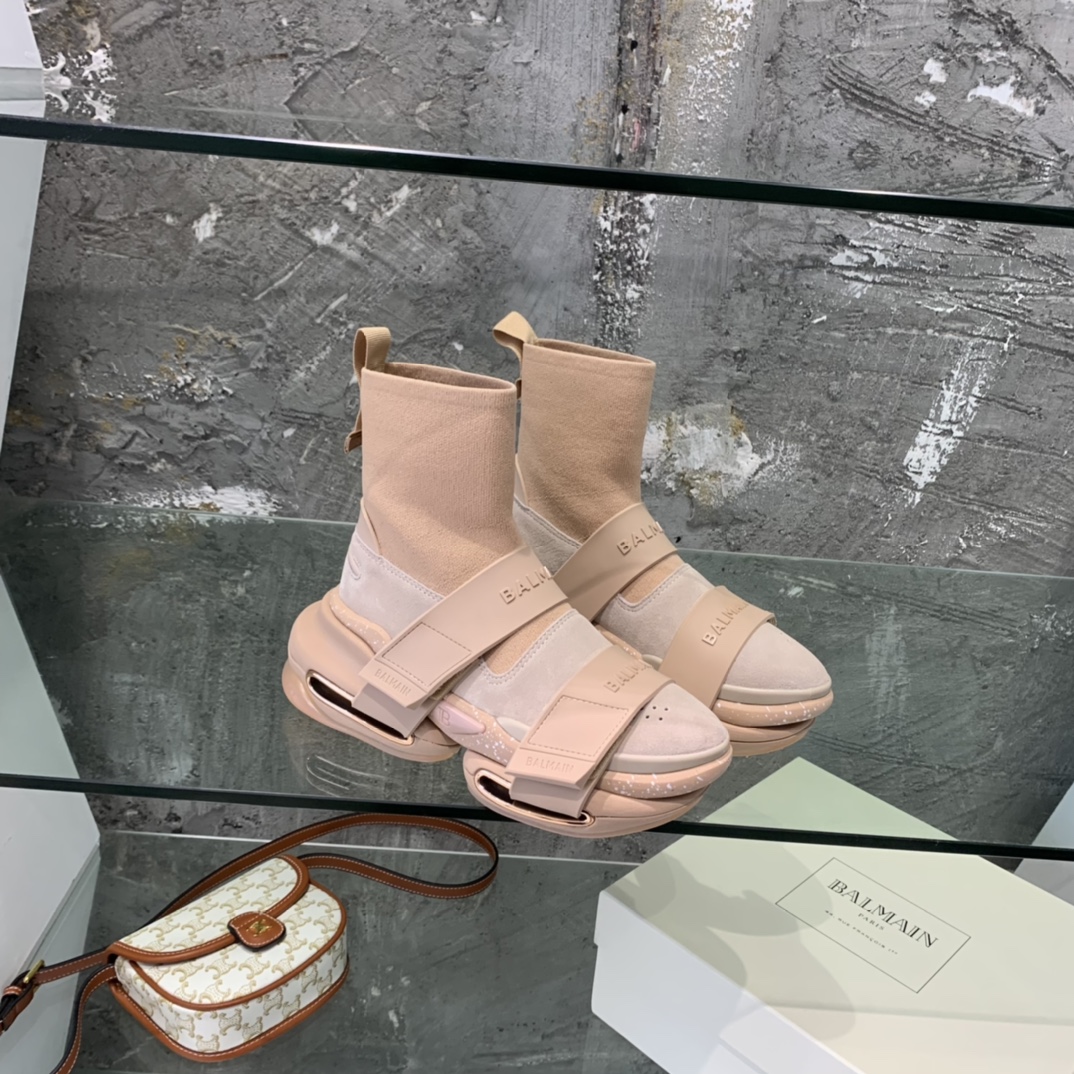 Balmain High-Top Suede And Knit Bold Sneakers  - FashionPlug
