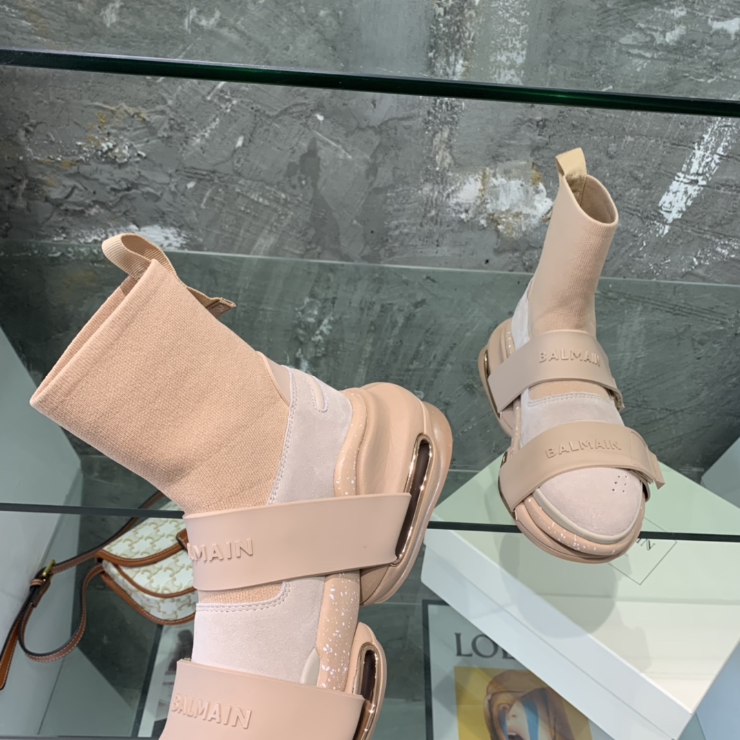 Balmain High-Top Suede And Knit Bold Sneakers  - FashionPlug