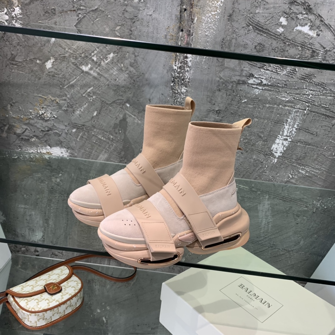 Balmain High-Top Suede And Knit Bold Sneakers  - FashionPlug
