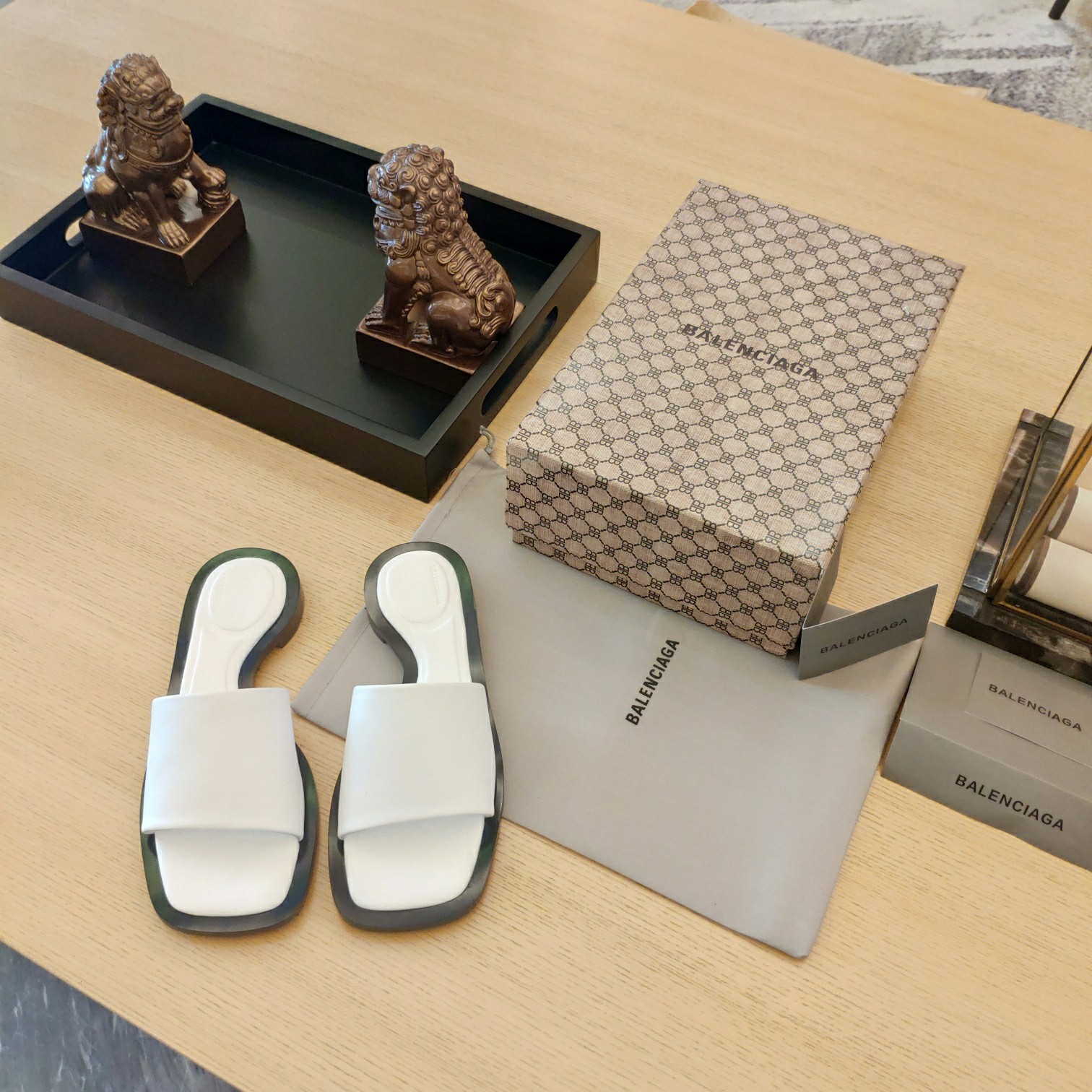 Balenciaga Logo Leather Slide Sandal - FashionPlug