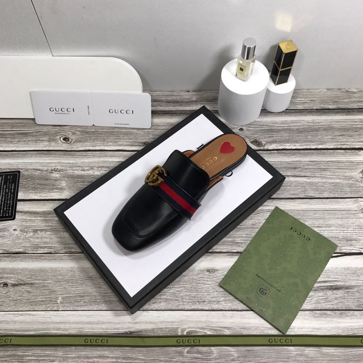 Gucci Princetown Leather Black Slipper With Double G - FashionPlug