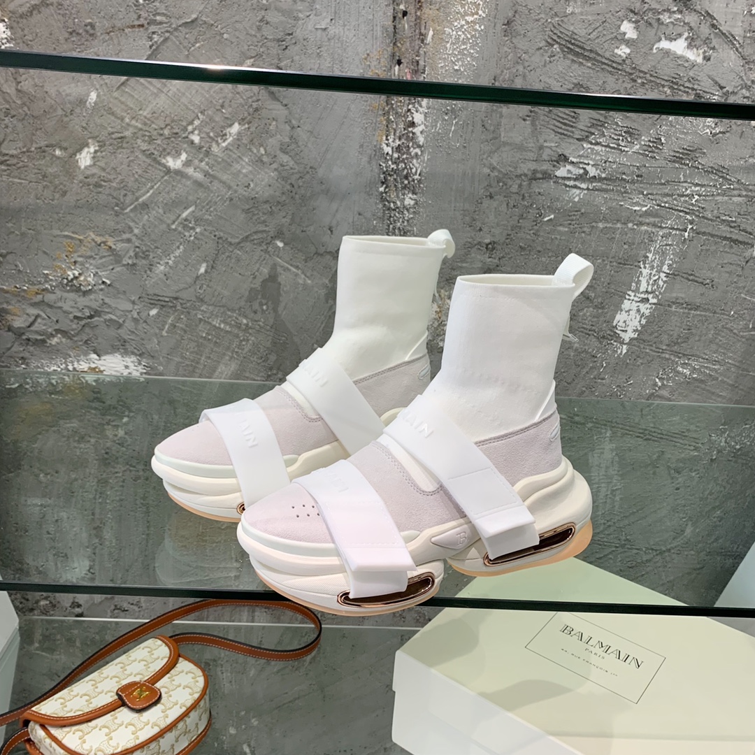 Balmain High-Top Suede And Knit Bold Sneakers  - FashionPlug