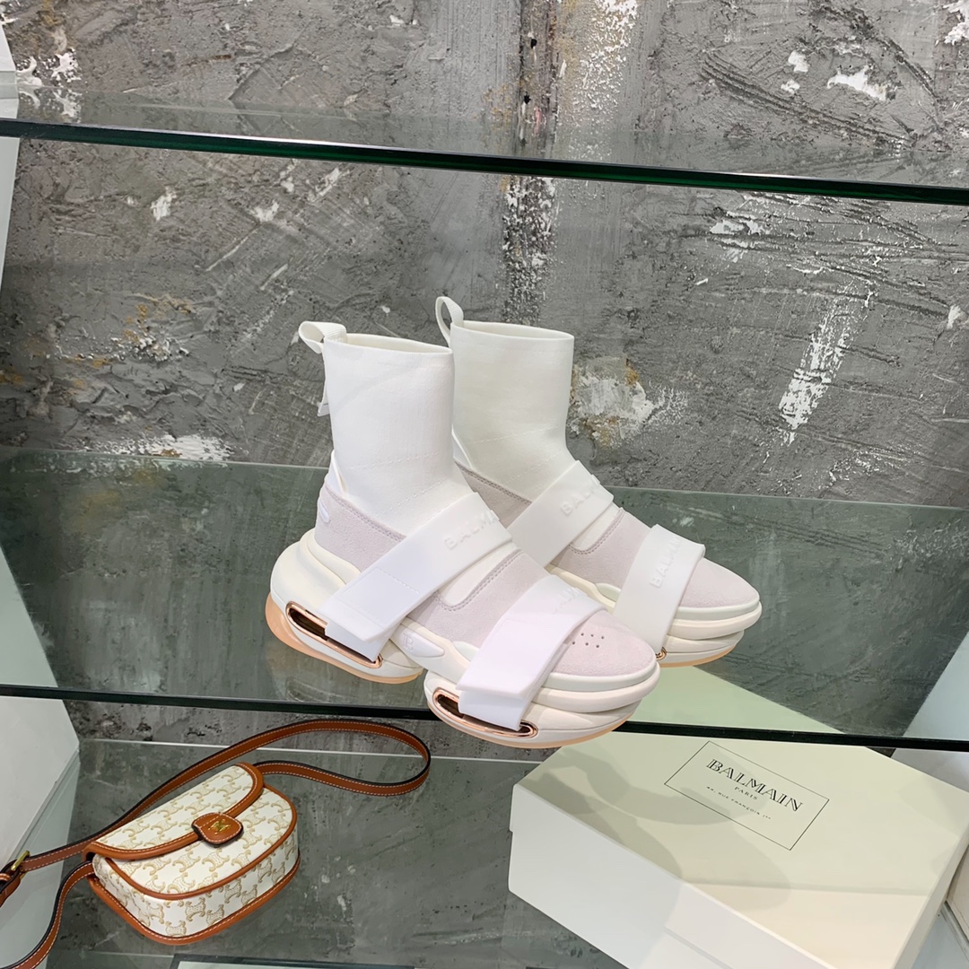 Balmain High-Top Suede And Knit Bold Sneakers  - FashionPlug