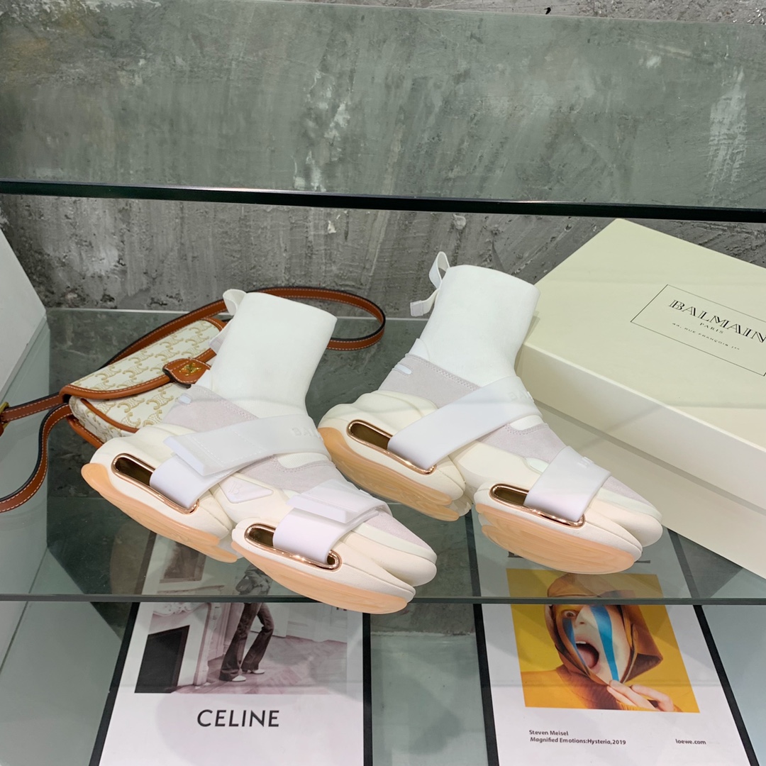 Balmain High-Top Suede And Knit Bold Sneakers  - FashionPlug
