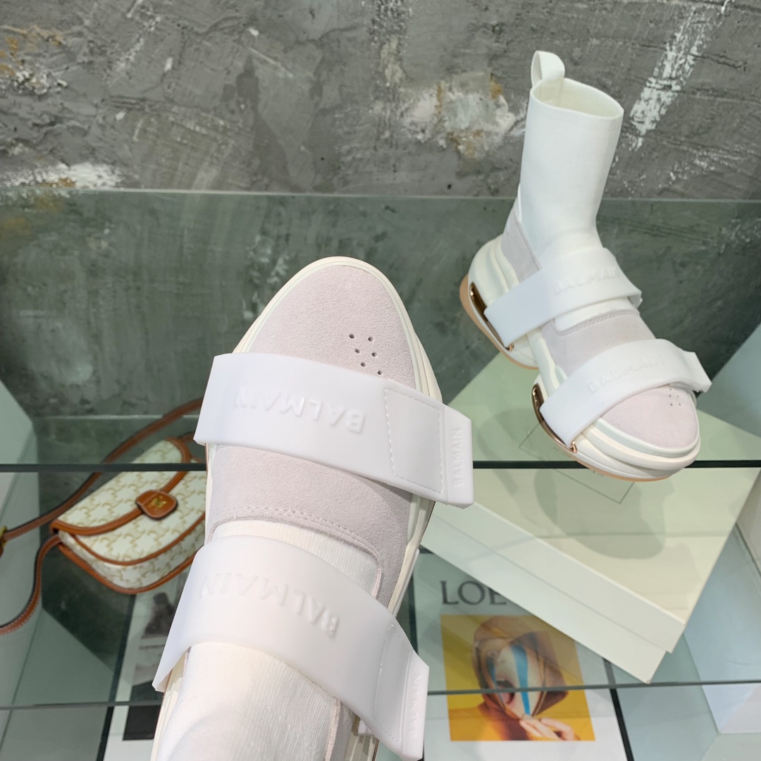 Balmain High-Top Suede And Knit Bold Sneakers  - FashionPlug