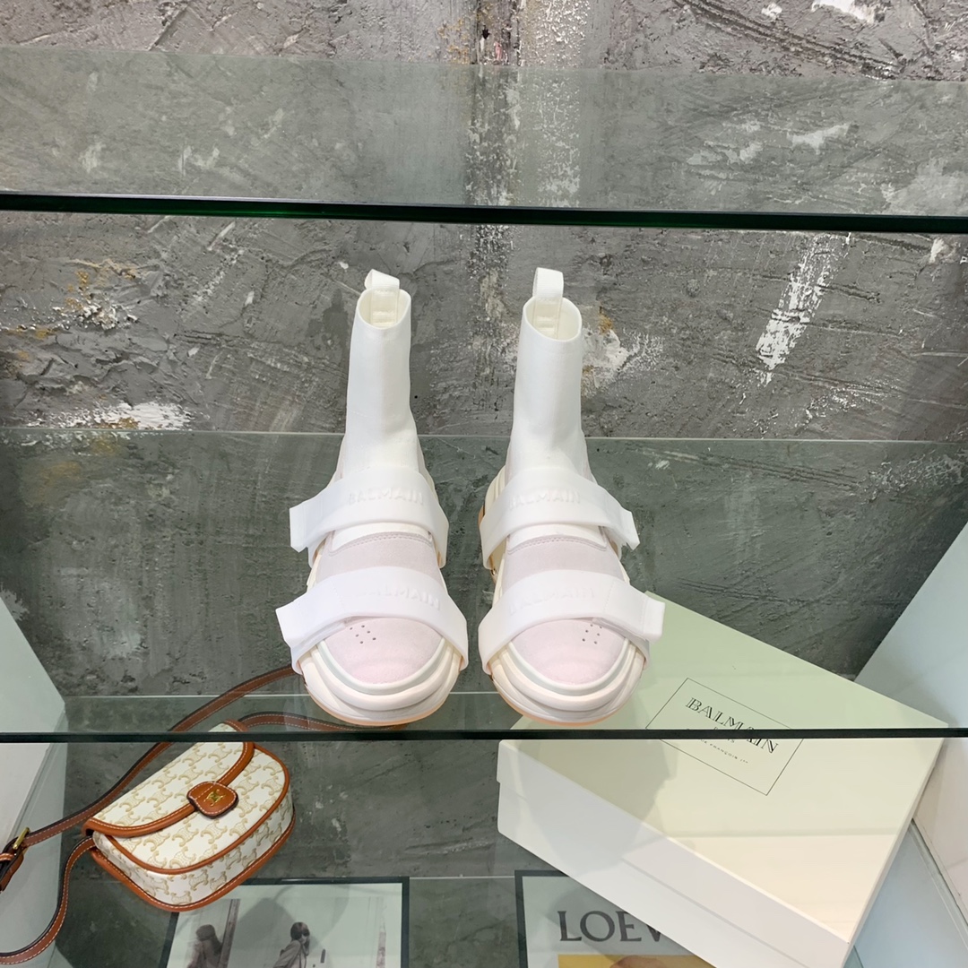 Balmain High-Top Suede And Knit Bold Sneakers  - FashionPlug
