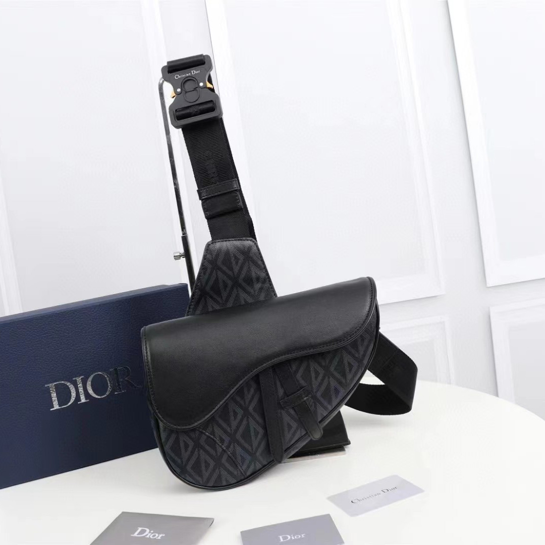 Dior Black CD Diamond Canvas And Smooth Calfskin Saddle Bag(26-19-4.5cm) - FashionPlug