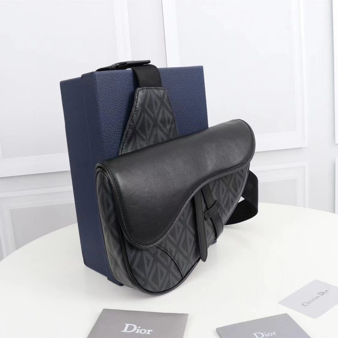 Dior Black CD Diamond Canvas And Smooth Calfskin Saddle Bag(26-19-4.5cm) - FashionPlug