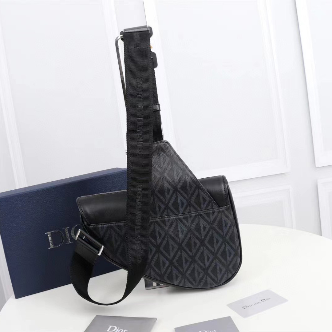 Dior Black CD Diamond Canvas And Smooth Calfskin Saddle Bag(26-19-4.5cm) - FashionPlug