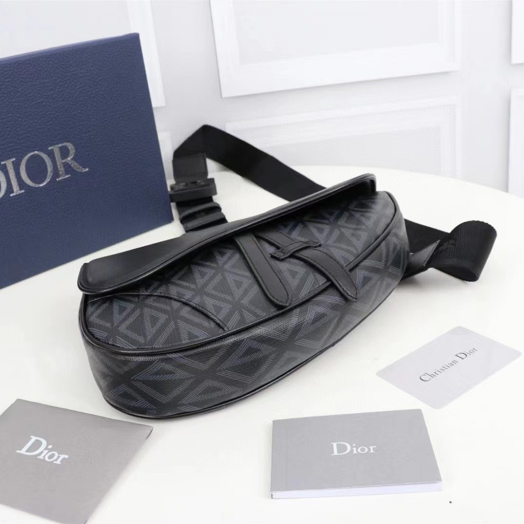 Dior Black CD Diamond Canvas And Smooth Calfskin Saddle Bag(26-19-4.5cm) - FashionPlug