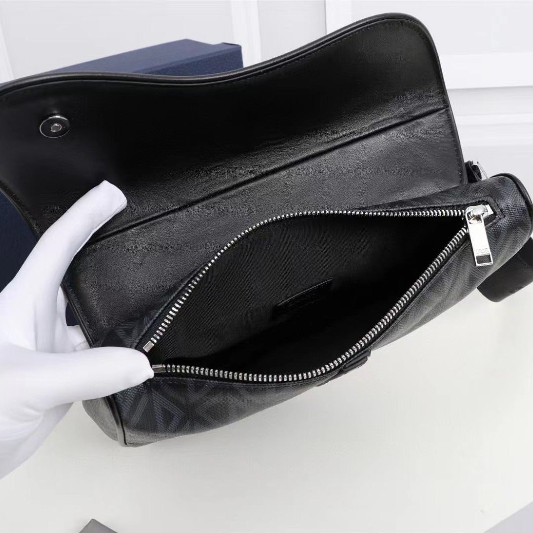 Dior Black CD Diamond Canvas And Smooth Calfskin Saddle Bag(26-19-4.5cm) - FashionPlug