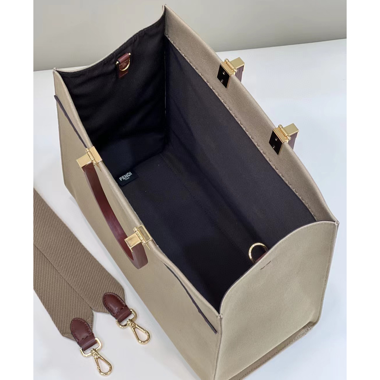Fendi Sunshine Medium Beige Canvas Bag(35-31-17cm) - FashionPlug