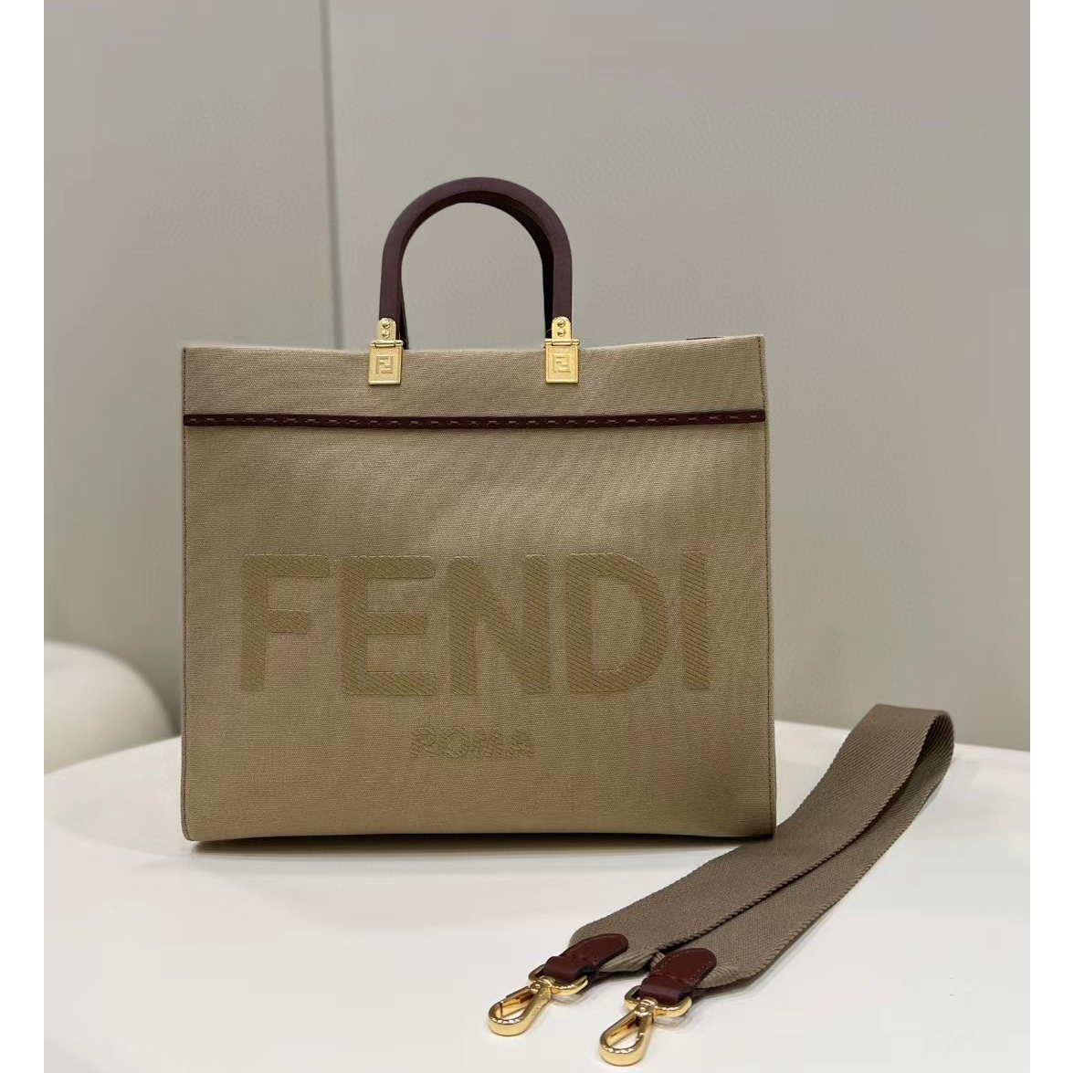 Fendi Sunshine Medium Beige Canvas Bag(35-31-17cm) - FashionPlug