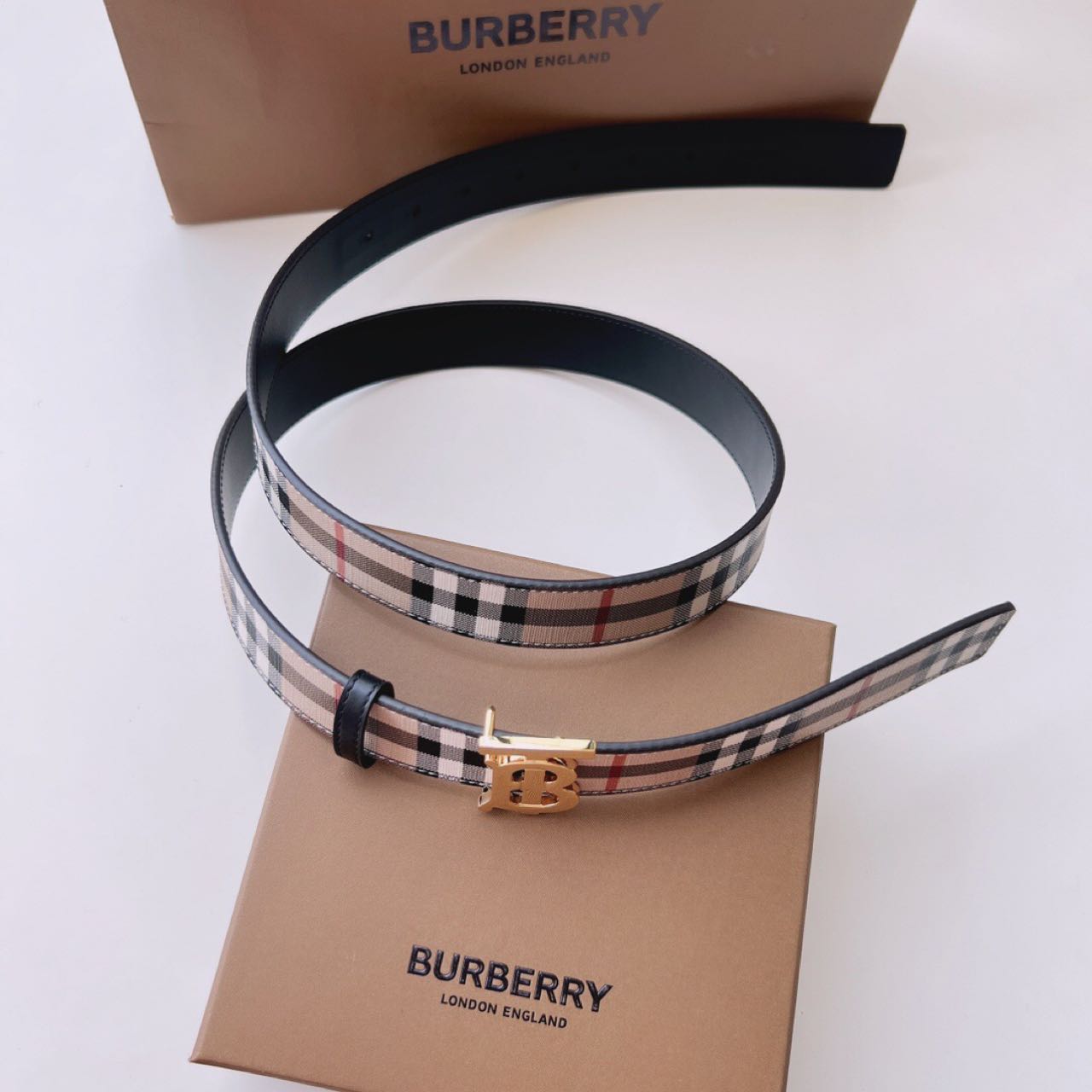 Burberry TB Monogram Vintage Check Belt - FashionPlug