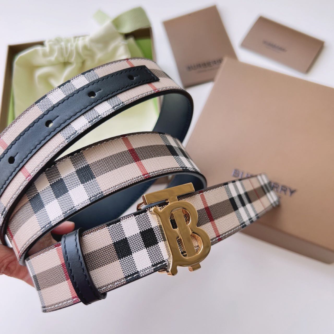 Burberry TB Monogram Vintage Check Belt - FashionPlug
