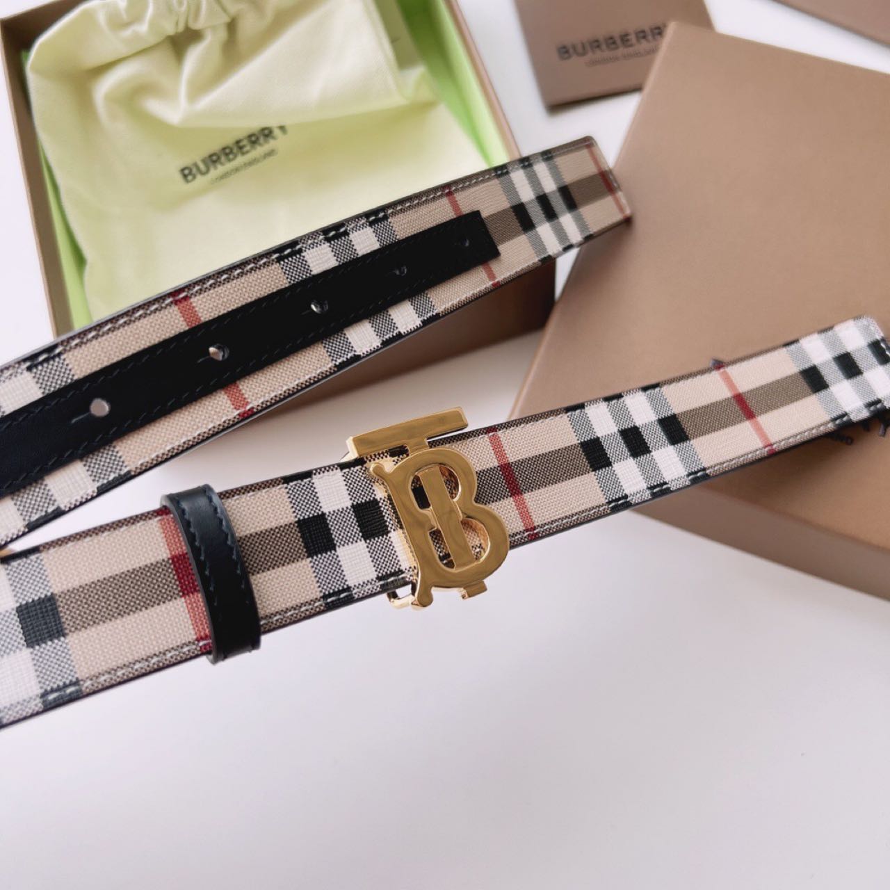 Burberry TB Monogram Vintage Check Belt - FashionPlug