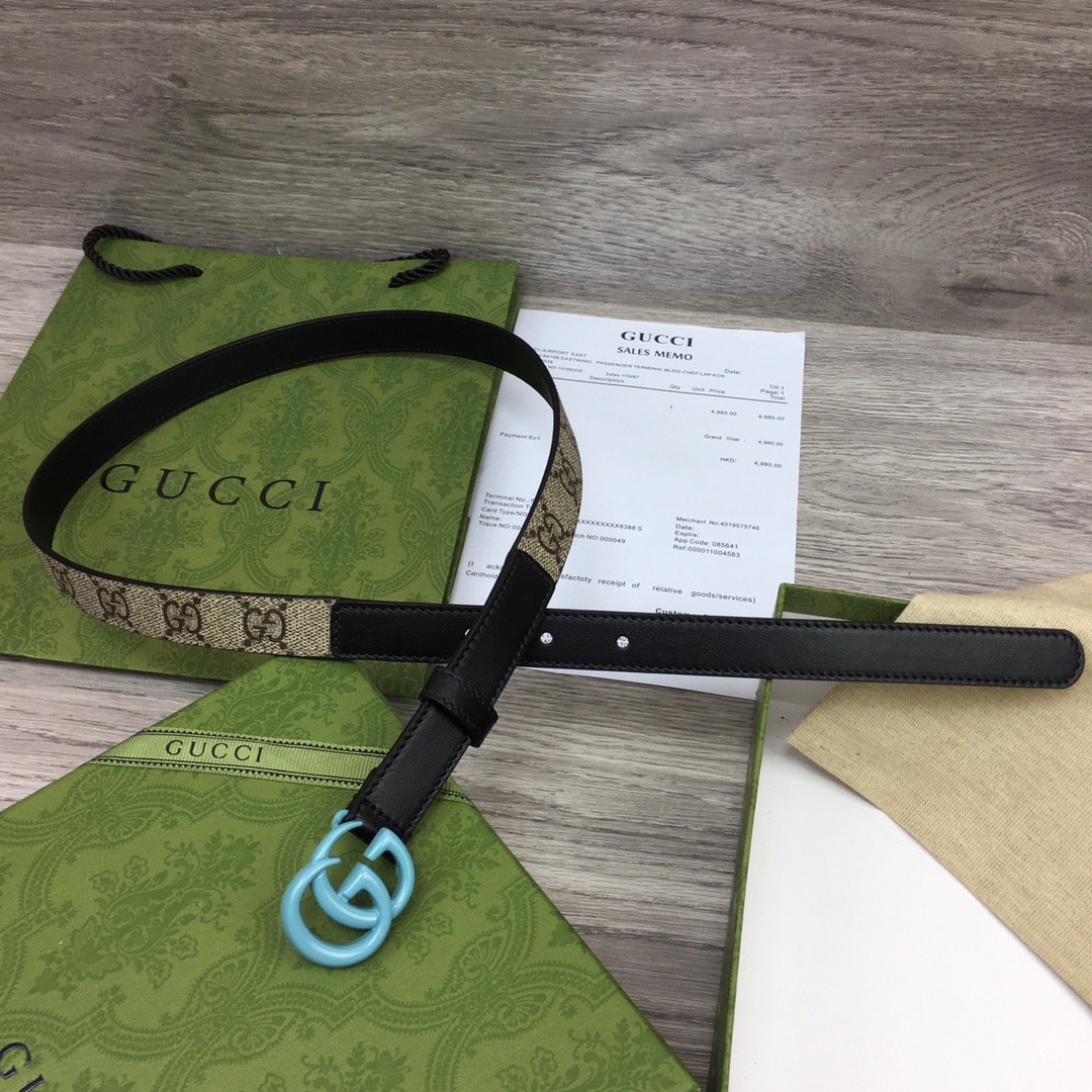 Gucci  Leather Belt With Double G Buckle  (2cm) - FashionPlug