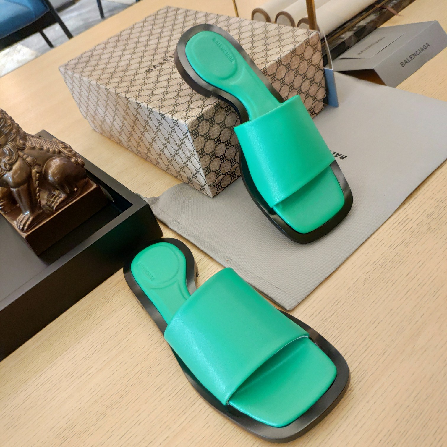 Balenciaga Logo Leather Slide Sandal - FashionPlug
