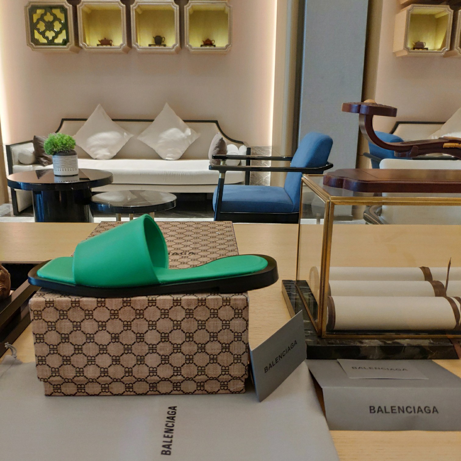 Balenciaga Logo Leather Slide Sandal - FashionPlug