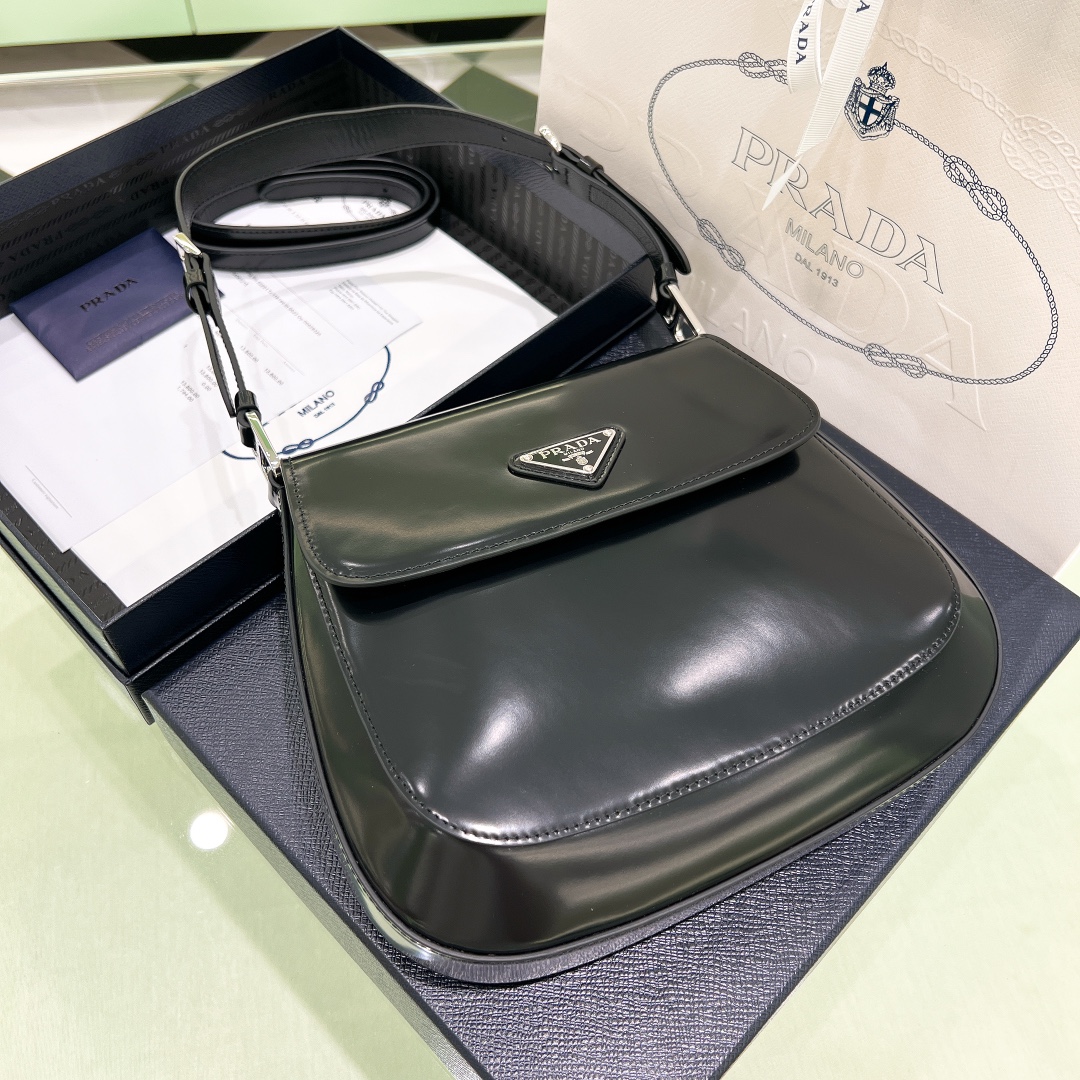 Prada Cleo Brushed Leather Shoulder Bag In Black(24-19-6cm)   1BD303 - FashionPlug