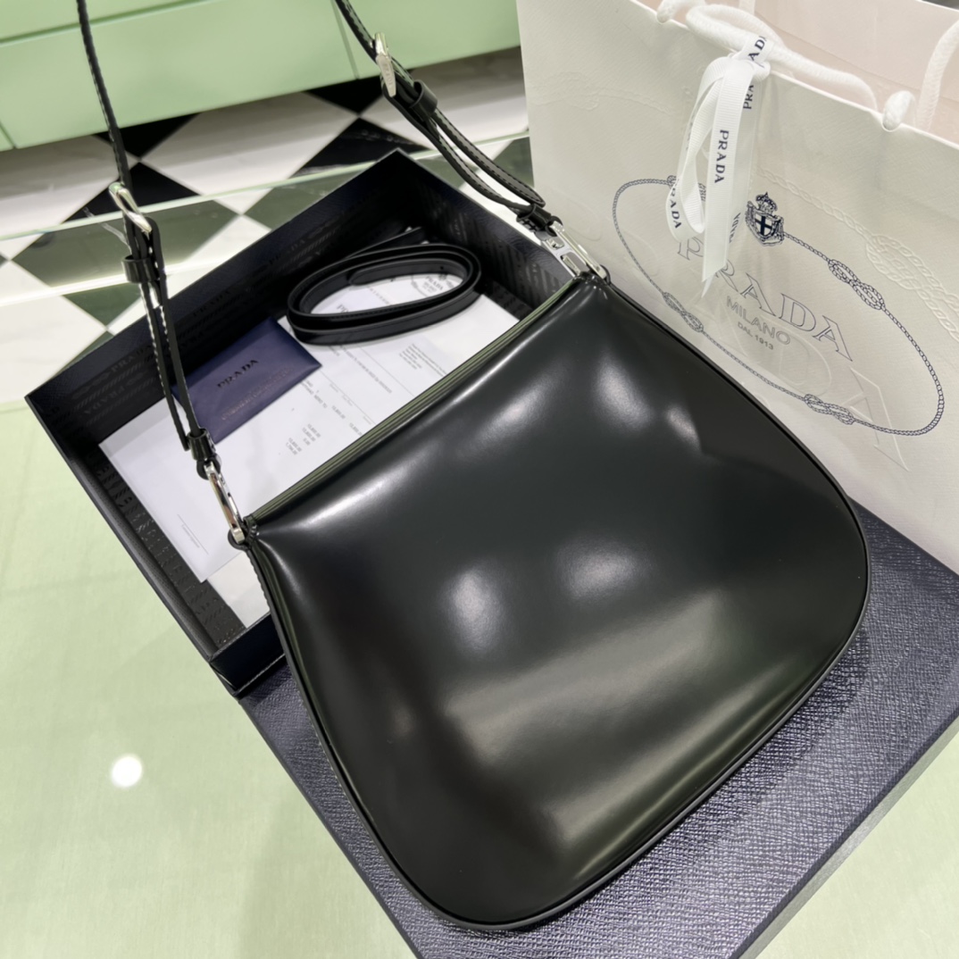 Prada Cleo Brushed Leather Shoulder Bag In Black(24-19-6cm)   1BD303 - FashionPlug