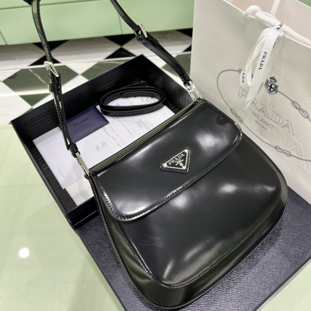 Prada Cleo Brushed Leather Shoulder Bag In Black(24-19-6cm)   1BD303 - FashionPlug