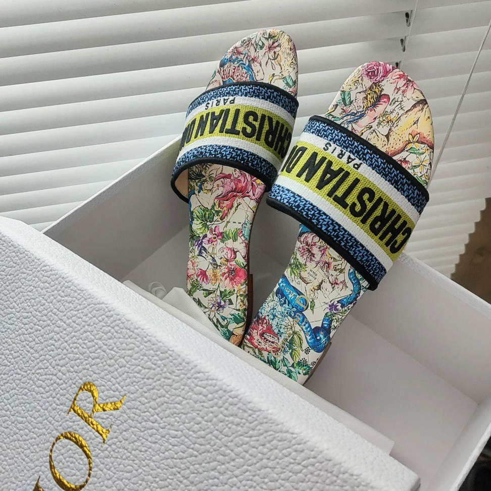Dior Black Multicolor Embroidered Cotton With D-Constellation Motif Dway Slide - FashionPlug
