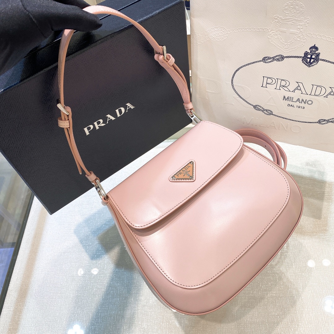 Prada Cleo Brushed Leather Shoulder Bag In Pink(24-19-6cm)   1BD303 - FashionPlug