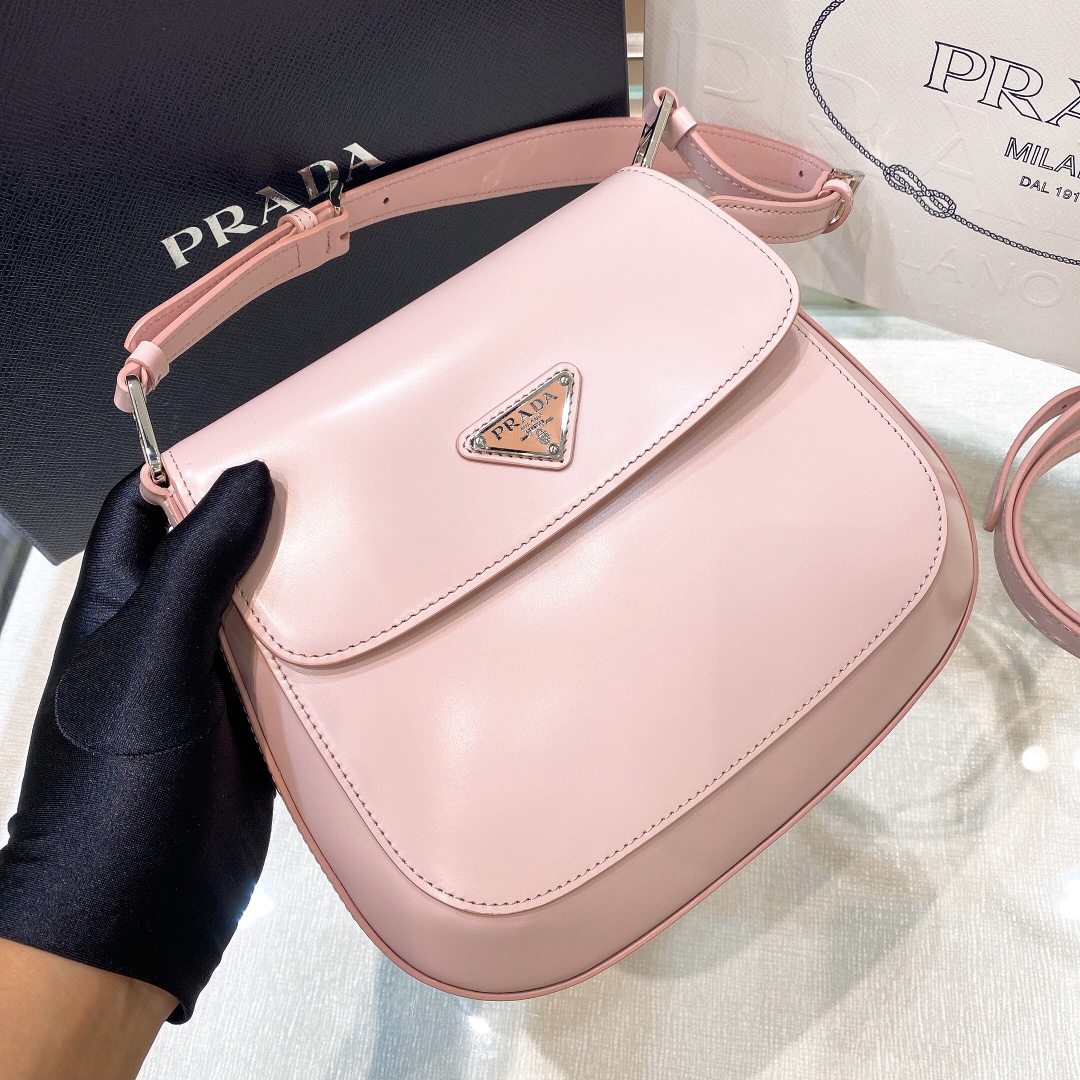 Prada Cleo Brushed Leather Shoulder Bag In Pink(24-19-6cm)   1BD303 - FashionPlug