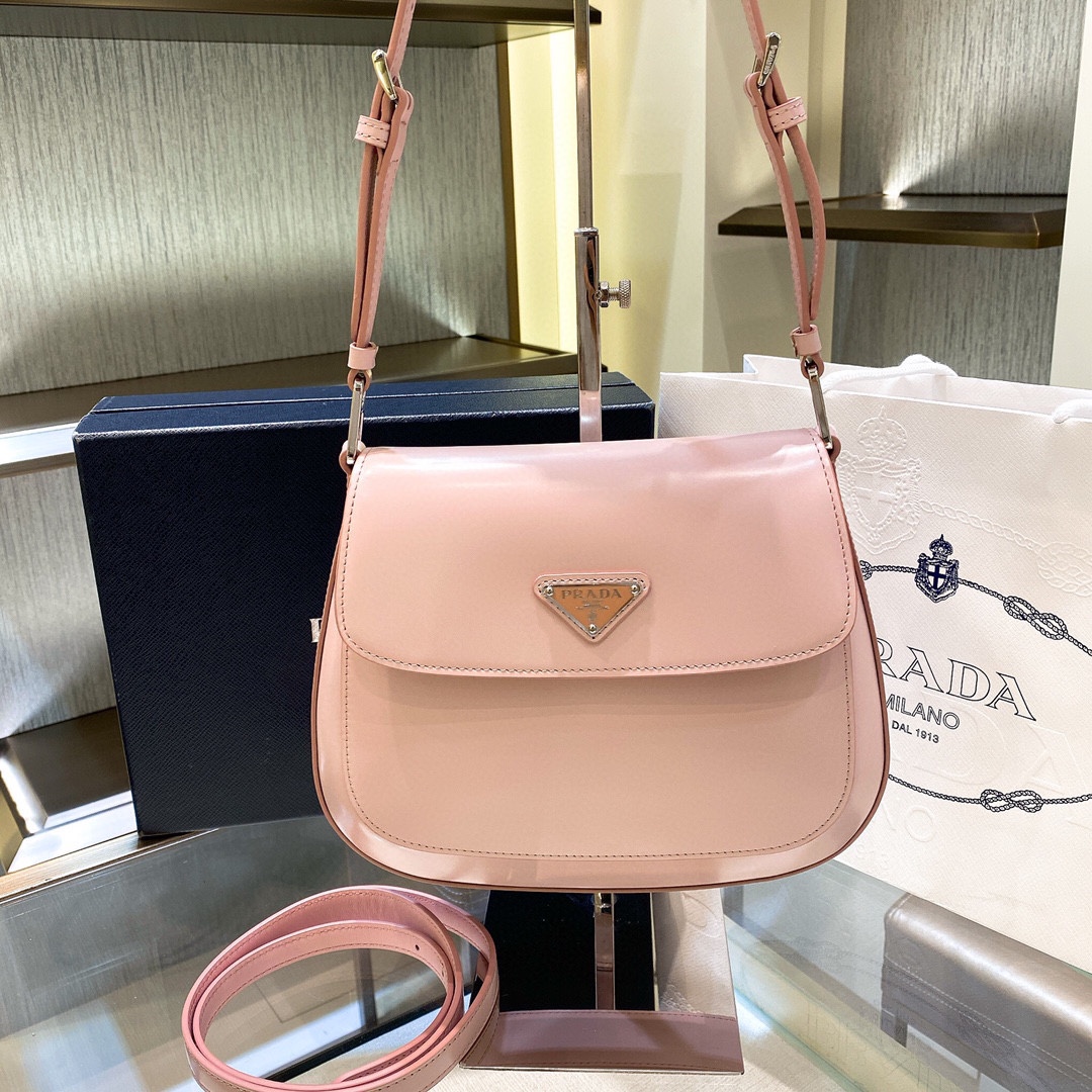 Prada Cleo Brushed Leather Shoulder Bag In Pink(24-19-6cm)   1BD303 - FashionPlug