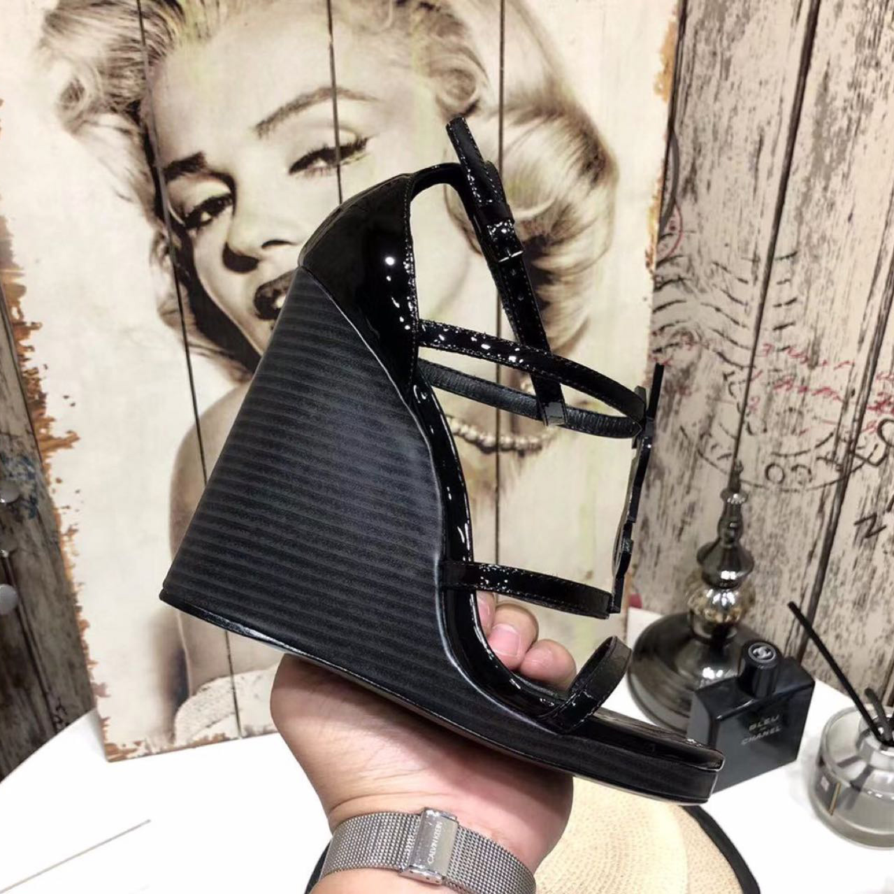 Saint Laurent Cassandra Wedge Espadrilles In Leather With Black Monogram - FashionPlug