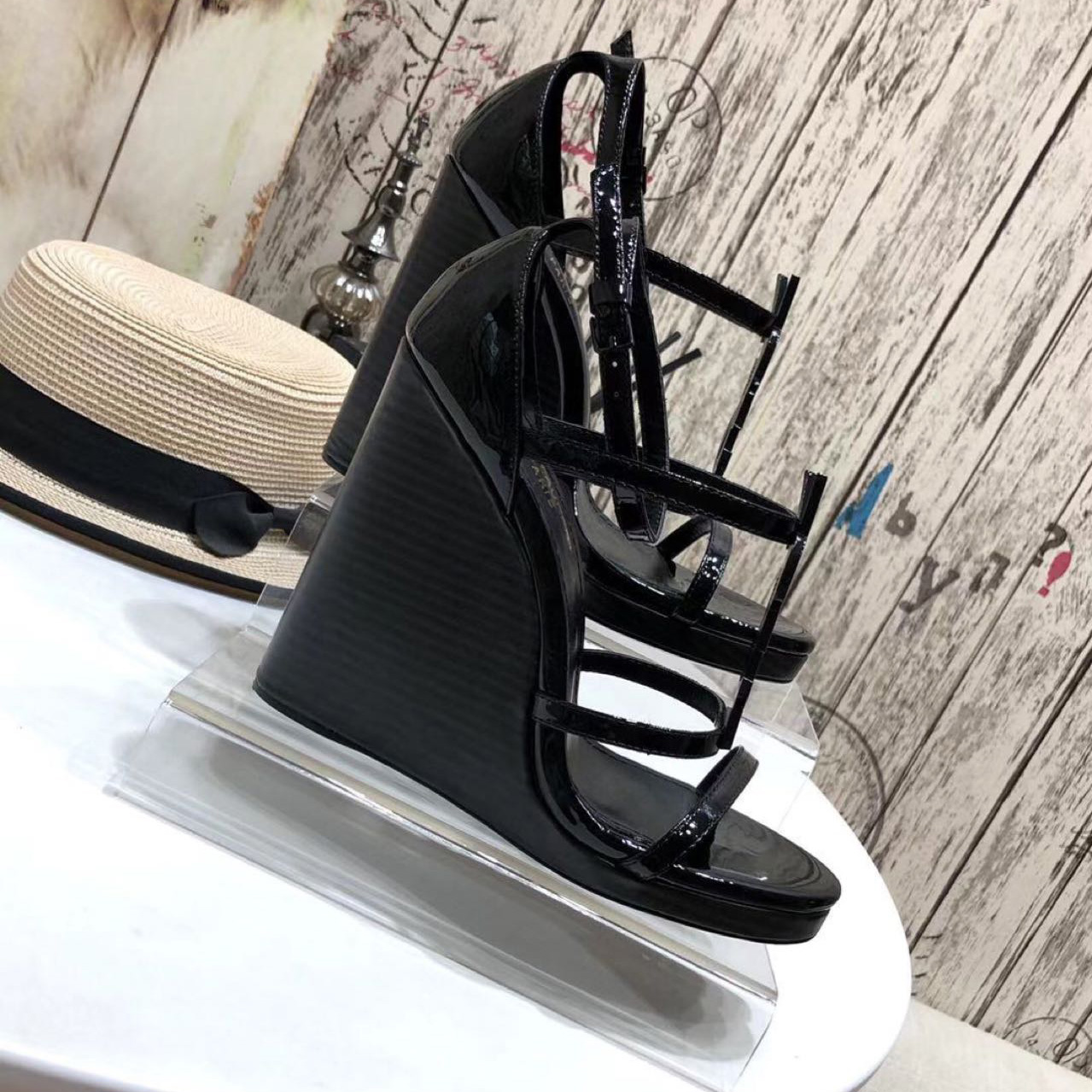 Saint Laurent Cassandra Wedge Espadrilles In Leather With Black Monogram - FashionPlug