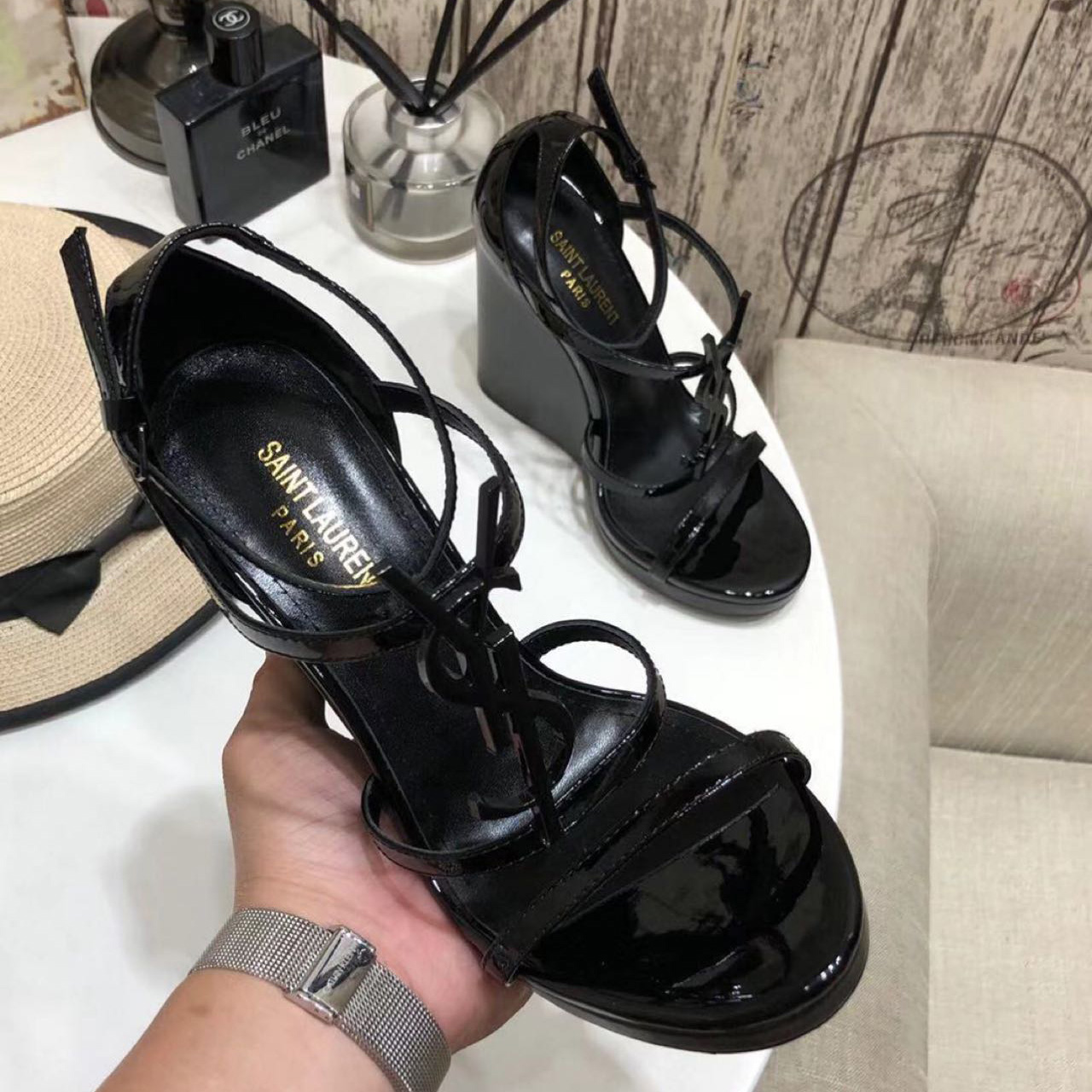 Saint Laurent Cassandra Wedge Espadrilles In Leather With Black Monogram - FashionPlug