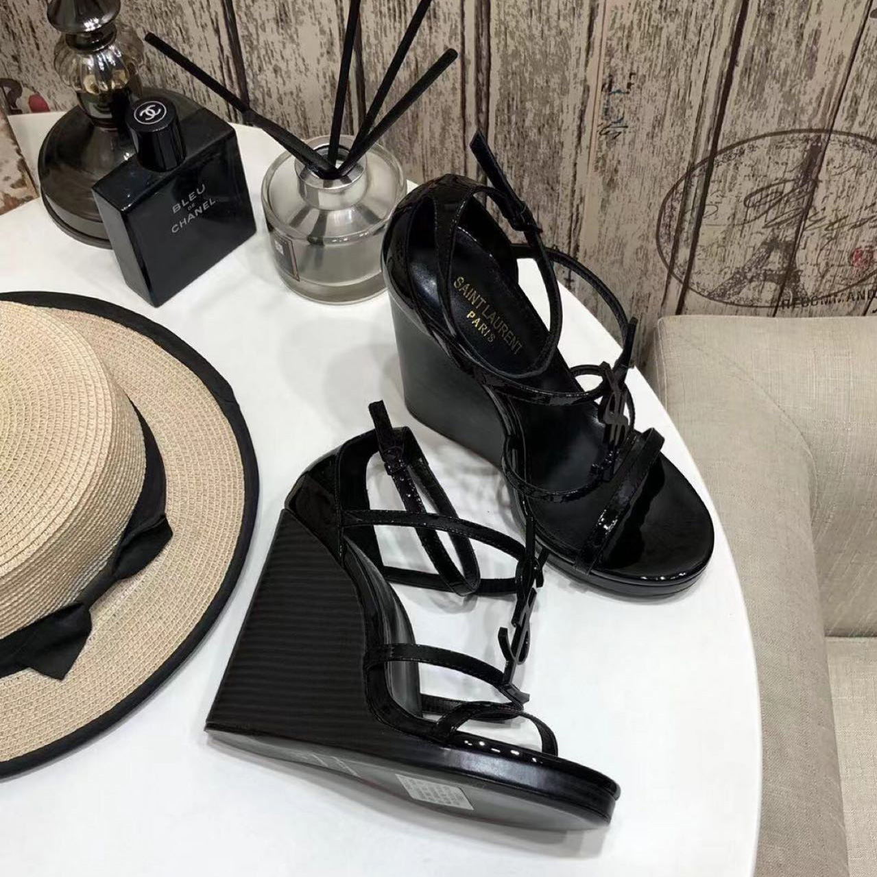 Saint Laurent Cassandra Wedge Espadrilles In Leather With Black Monogram - FashionPlug