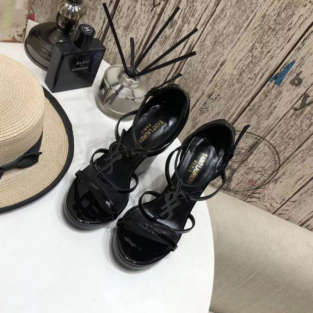 Saint Laurent Cassandra Wedge Espadrilles In Leather With Black Monogram - FashionPlug