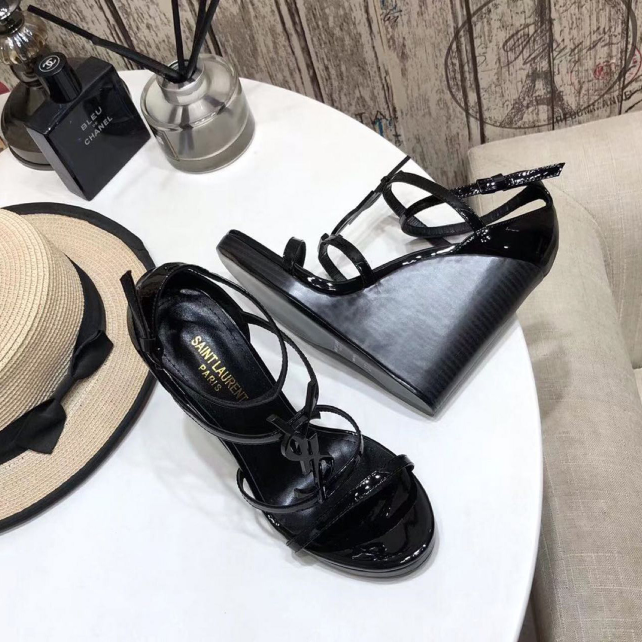 Saint Laurent Cassandra Wedge Espadrilles In Leather With Black Monogram - FashionPlug