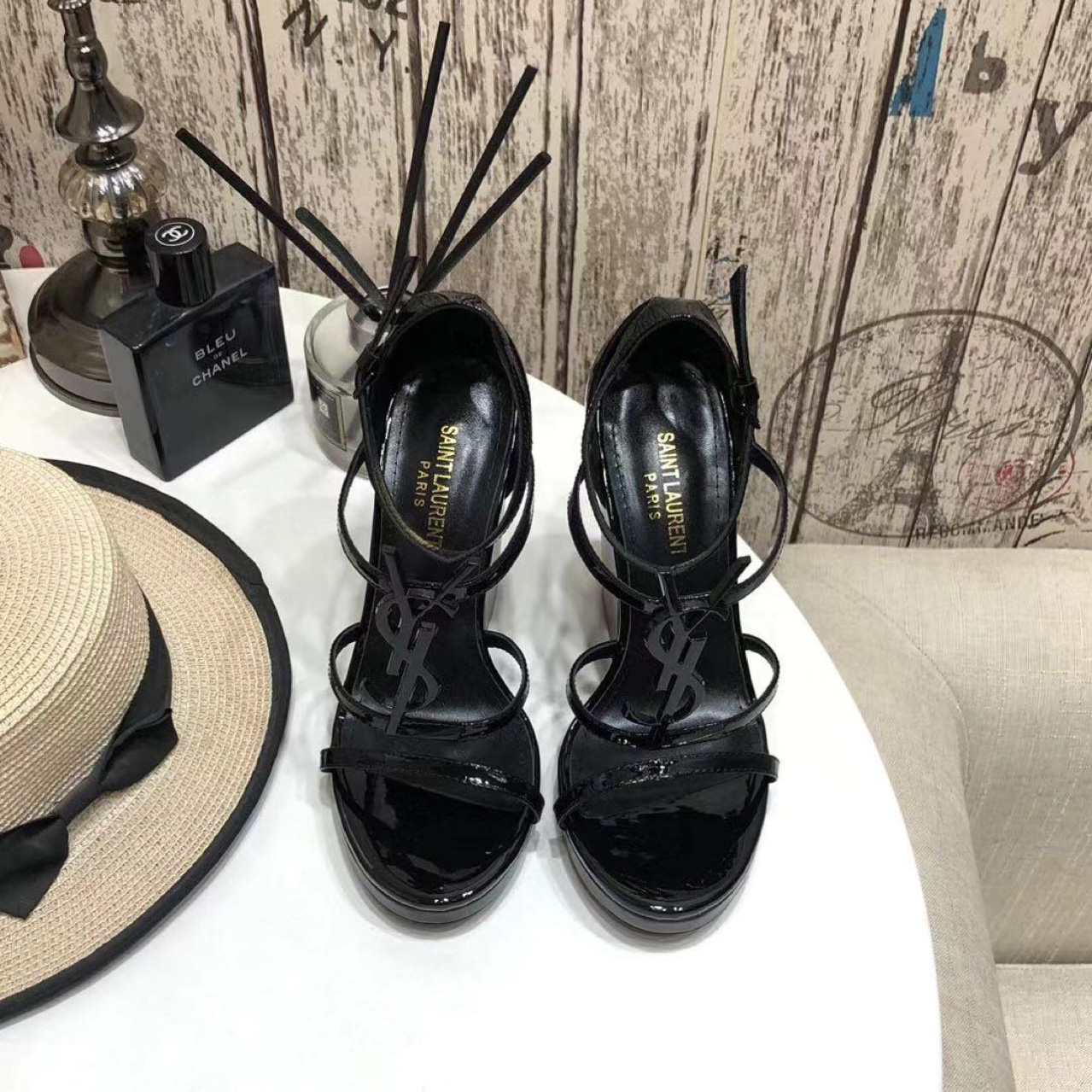 Saint Laurent Cassandra Wedge Espadrilles In Leather With Black Monogram - FashionPlug