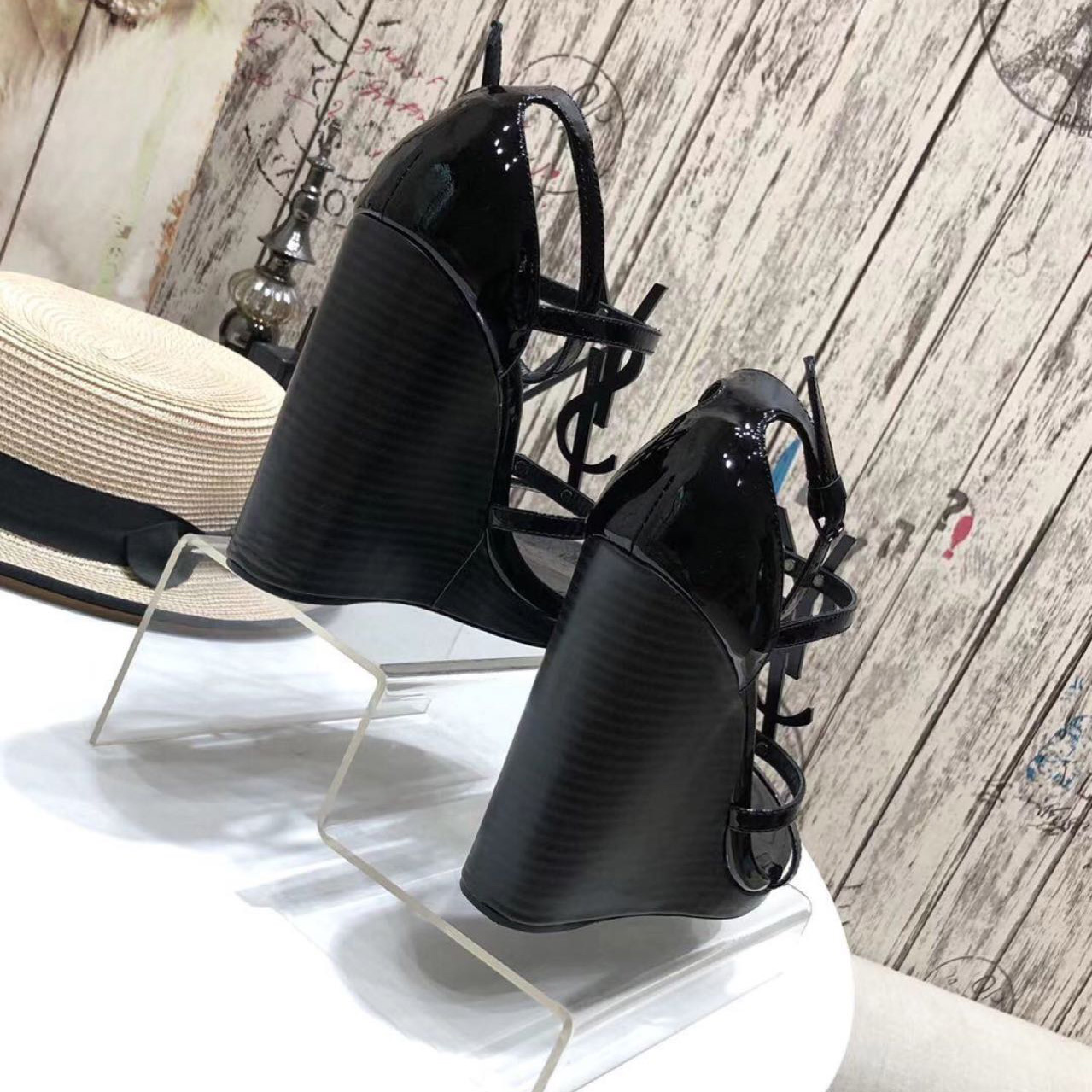 Saint Laurent Cassandra Wedge Espadrilles In Leather With Black Monogram - FashionPlug